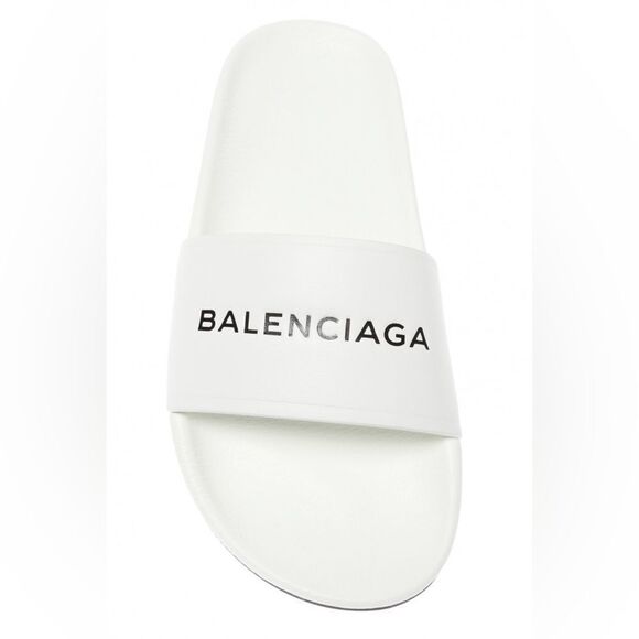 BALENCIAGA | White Leather Logo Slides - Picture 1 of 14